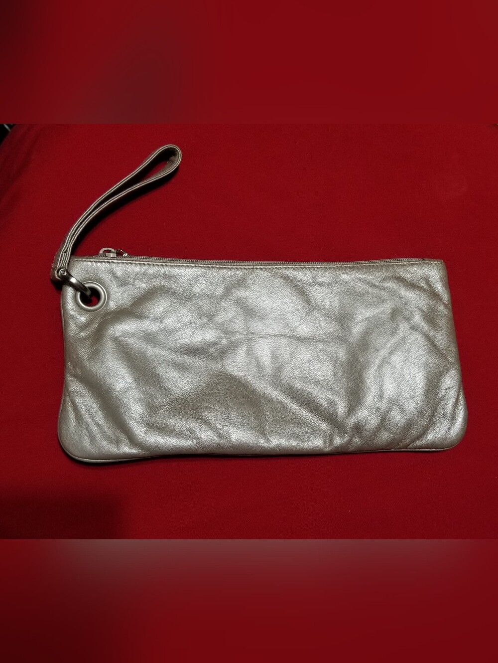Vintage Rolfs Women's Metallic Silver Leather Wristlet Clutch with Strap